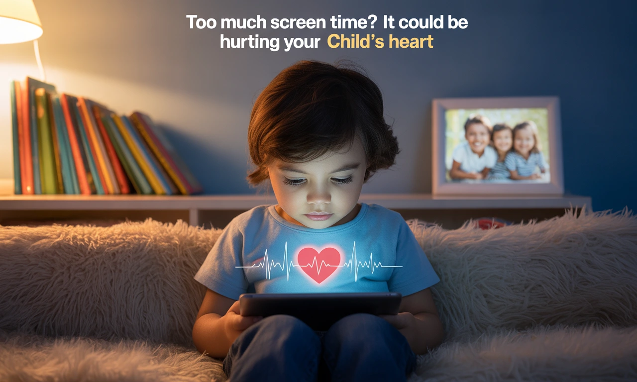 Child using a tablet with a glowing heart icon overlay, illustrating the impact of excessive screen time on kids’ heart health.