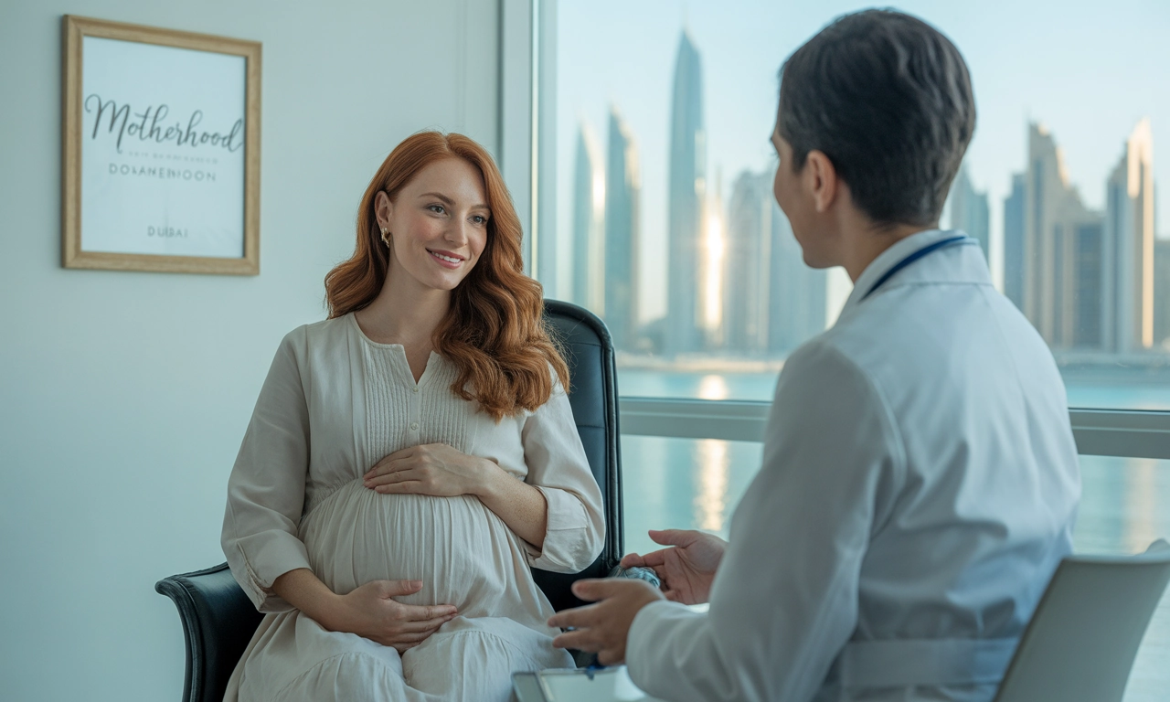 Pregnant woman consulting doctor about NIPT test in Dubai clinic