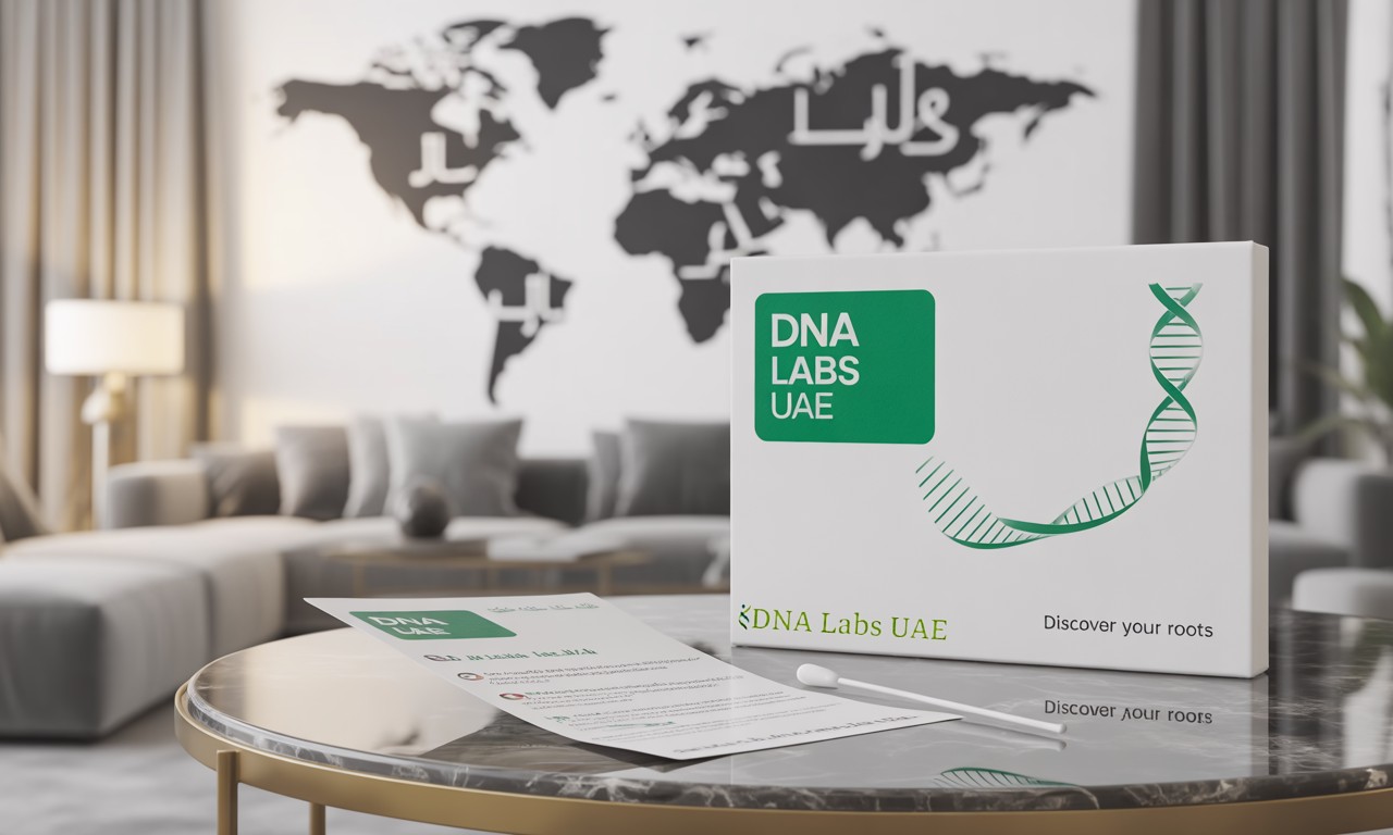 DNA ancestry test kit with cheek swab and bilingual instructions on a table, branded with DNA Labs UAE logo, with a world map showing ancestral migration routes in the background.