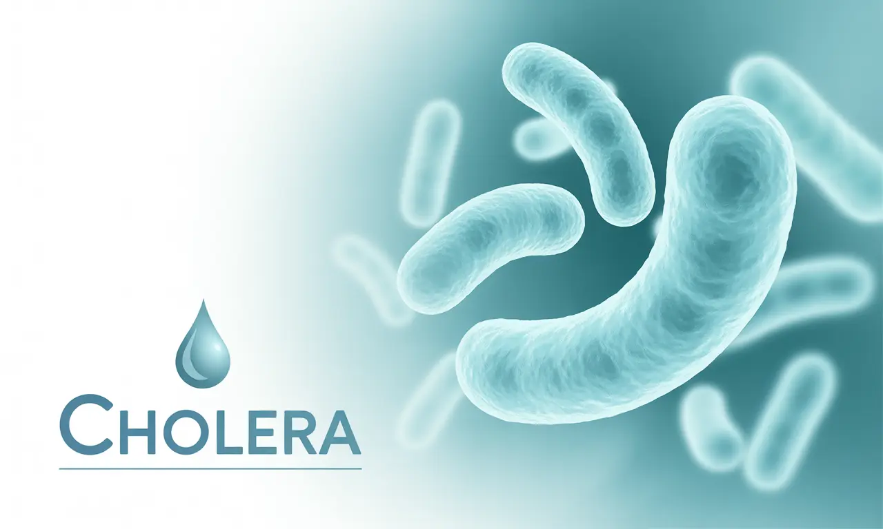 Simple medical illustration of Vibrio cholerae bacteria under a microscope with a blue and white background, a water droplet icon, and the word Cholera on screen.