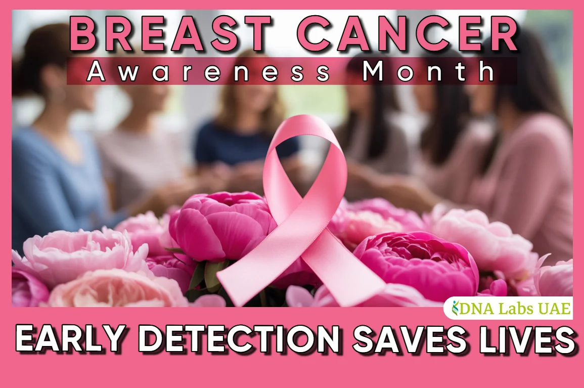 Breast Cancer Awareness Month banner featuring a pink ribbon on a bed of pink flowers, with a group of women in the background blurred. The text reads "BREAST CANCER Awareness Month" and "EARLY DETECTION SAVES LIVES."