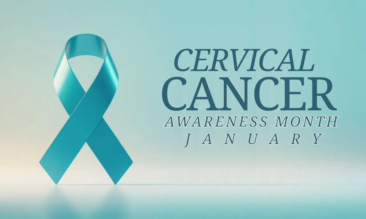 Teal blue cervical cancer awareness ribbon on a plain background, symbolizing early detection and women’s health awareness