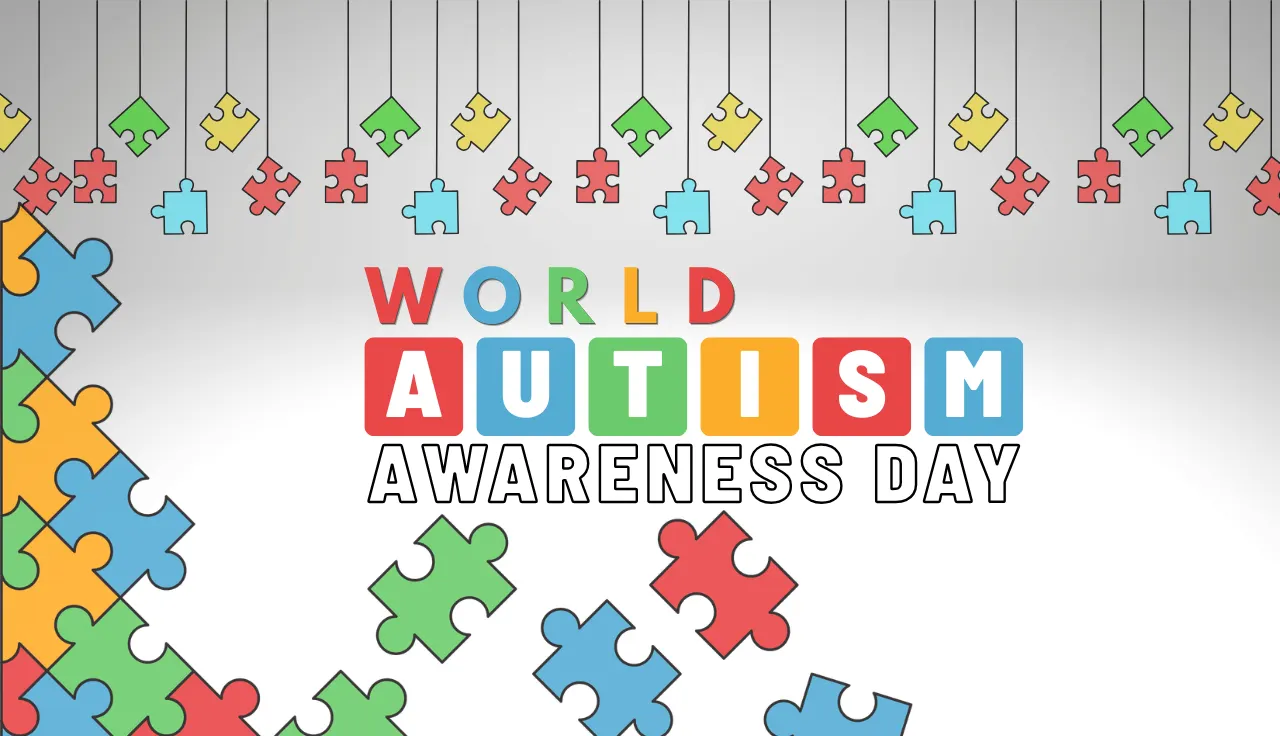 A colorful graphic for World Autism Awareness Day featuring puzzle piece patterns in blue, red, yellow, and green, with text centered on a white and grey background emphasizing neurodiversity and humanity.